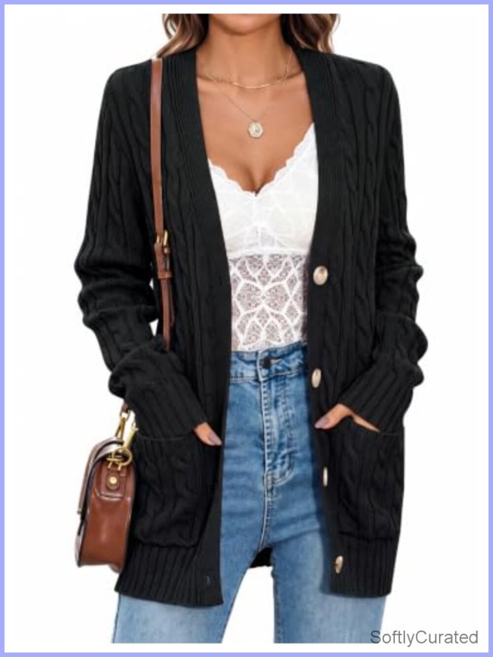 Womens Cable Knit Button Up Oversized Cardigan Sweater with Pockets